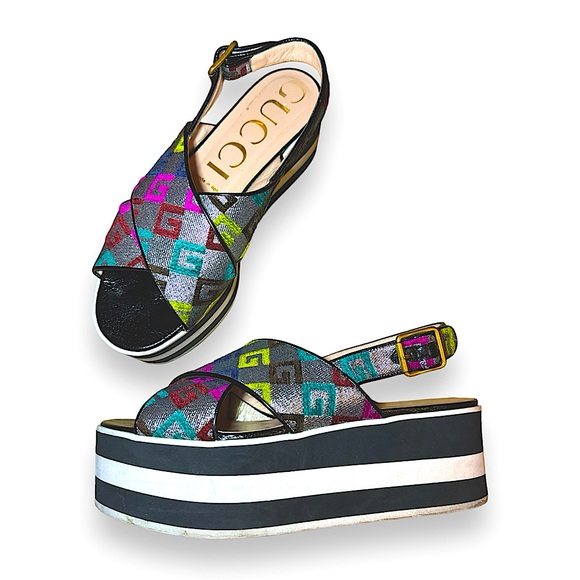 GUCCI Sandals Strappy Wedge G Square Print Shoes PEGGY Platform Slingbacks 38 - Picture 1 of 5